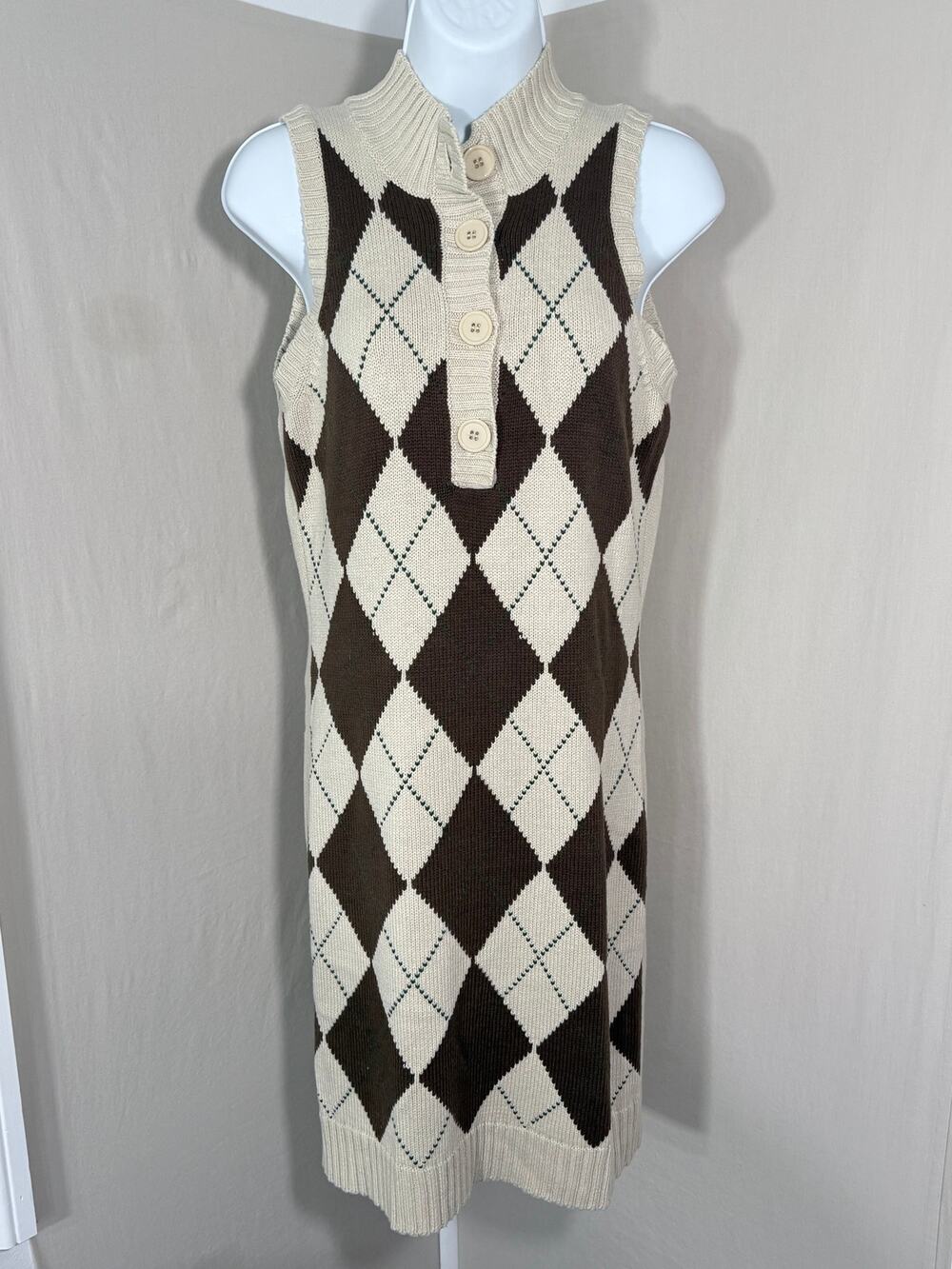JJ Basics Argyle Knit Sweater Dress Size M Sleeveless Preppy Brown Beige NWT